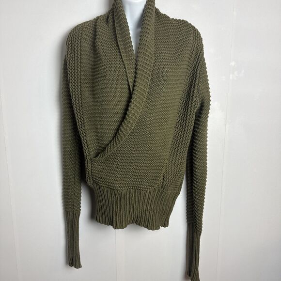 American Eagle Womens Sweater Shawl Neck Med Green Chunky Knit Wrap Y2K Preppy‎ - Picture 1 of 10